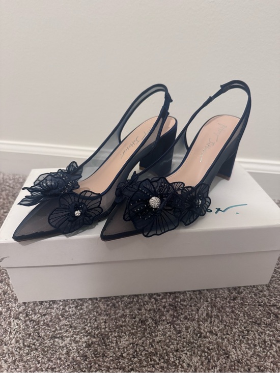 Betsey Johnson Shoes - Betsey Johnson Embellished Navy Floral Slingback Heels